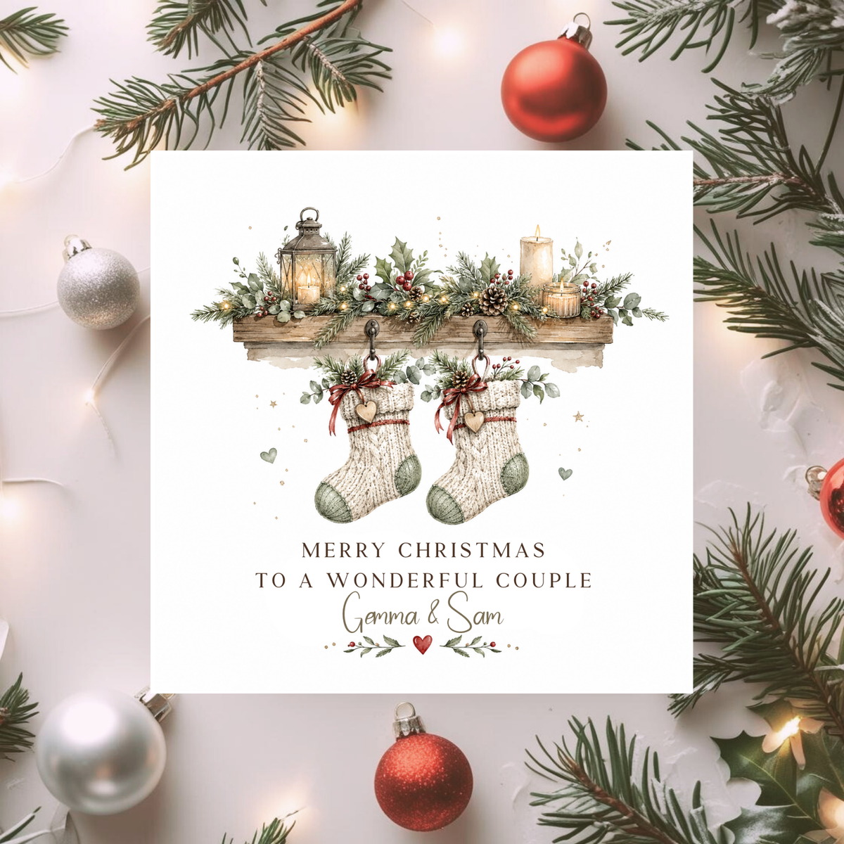 Personalised Couple Christmas Card, Wonderful Couple Xmas Card, Christmas Card for Couple, Personalised Names Card, Festive Stockings