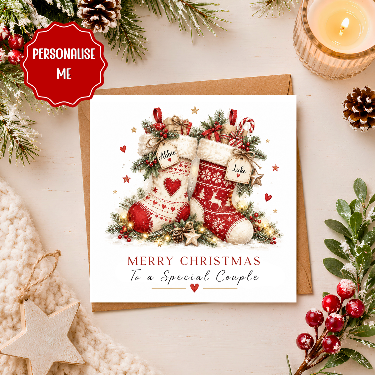 Personalised Couple Christmas Card, Custom Names Christmas Stockings Card, Merry Christmas to a Special Couple, Festive Xmas Card