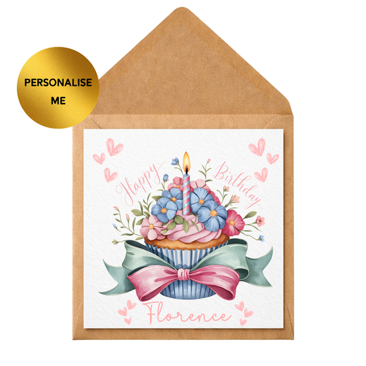 Personalised Floral Cupcake Birthday Card, Custom Name Birthday Card, Cute Girly Birthday Card, Any Age Birthday Card, Handmade Style Card