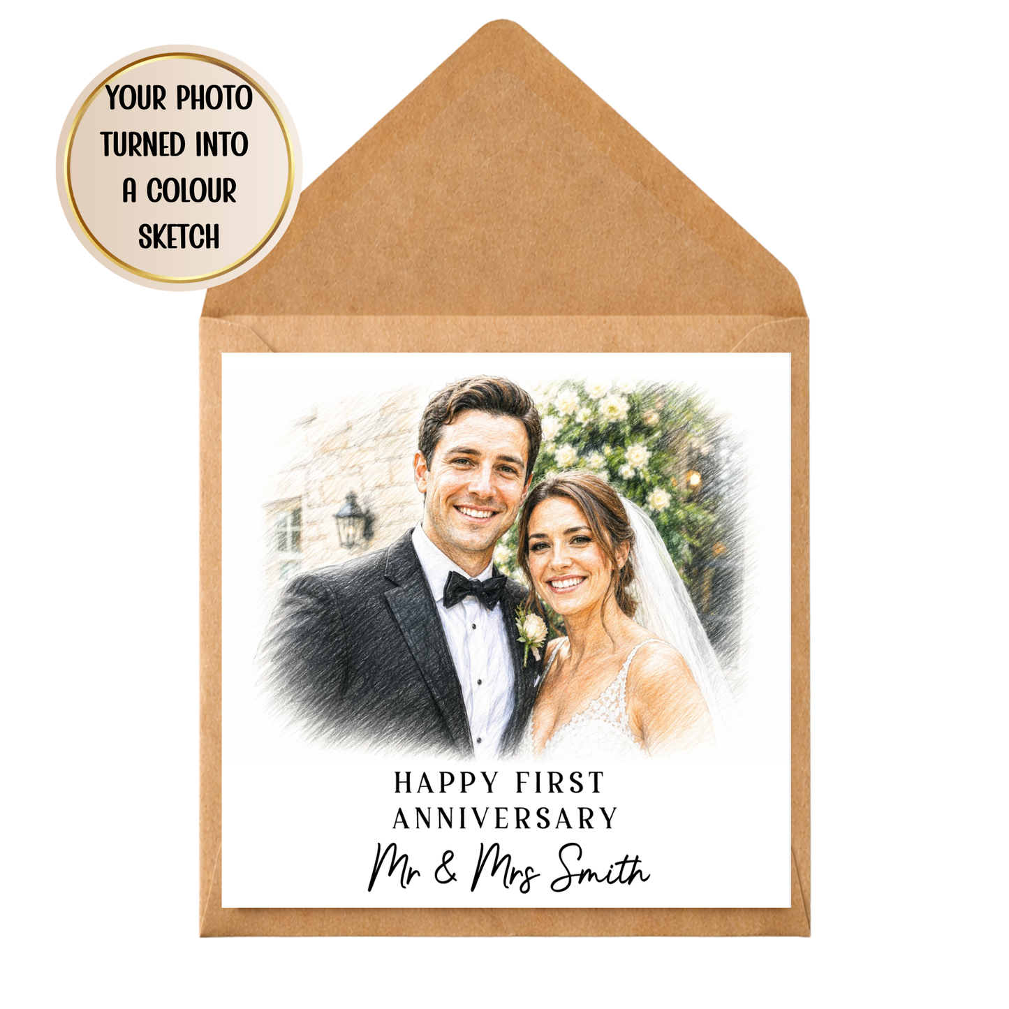 Custom Anniversary Card from Photo | Colour Sketch Anniversary Card | Personalised Wedding Anniversary Card for Couple