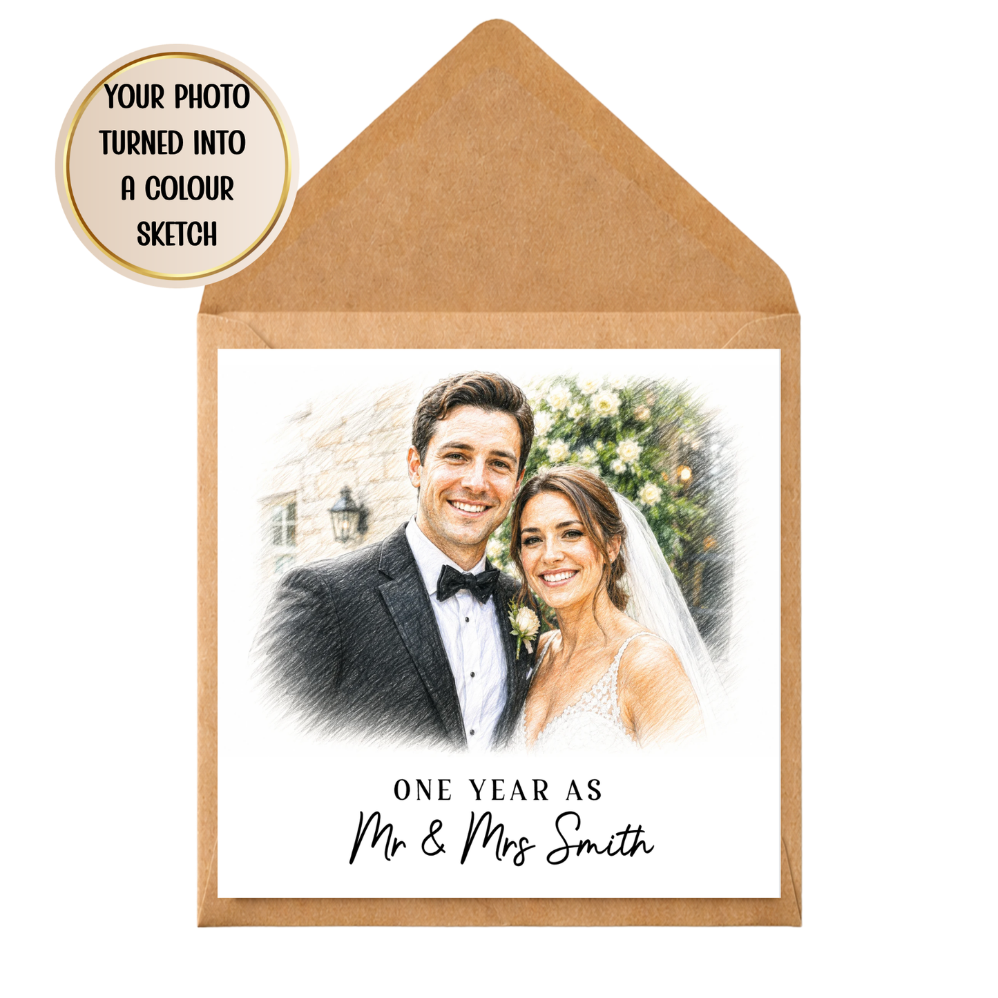 Custom Anniversary Card from Photo | Colour Sketch Anniversary Card | Personalised Wedding Anniversary Card for Couple