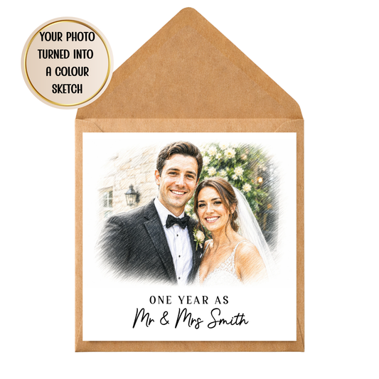Custom Anniversary Card from Photo | Colour Sketch Anniversary Card | Personalised Wedding Anniversary Card for Couple