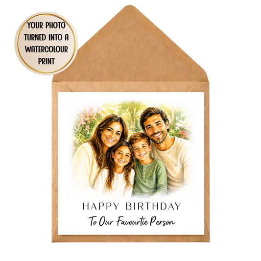 Custom Watercolour Family Portrait Card, Personalised Photo Birthday Greeting, Any Occasion Keepsake