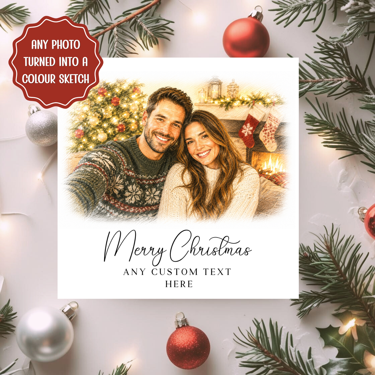 Personalised Christmas Photo Card, Custom Colour Sketch From Photo, Family Christmas Card, Couple Photo Card, Custom Xmas Keepsake
