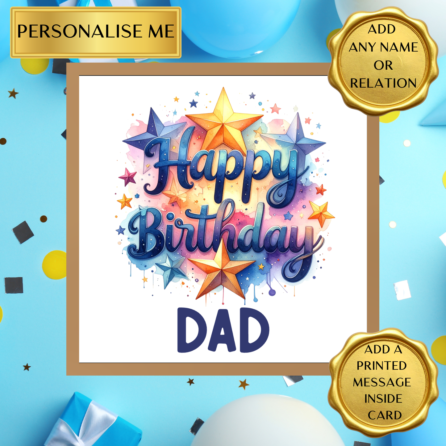 Dad Birthday Card — Add Any Name or Relation — Personalised Birthday Card — Custom Message Inside — Stars Birthday Card for Him