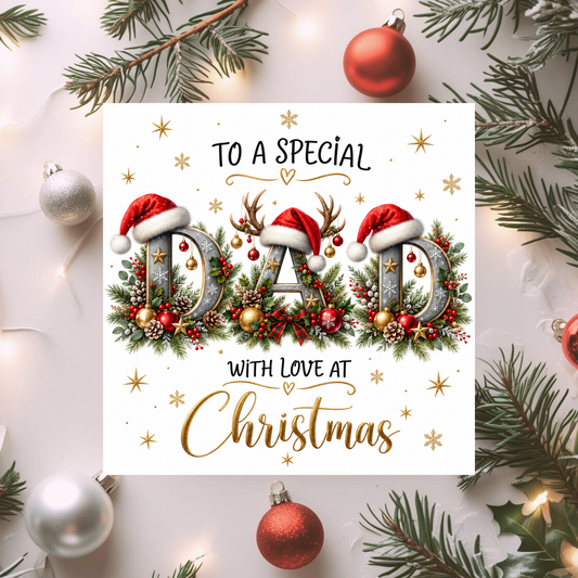 Personalised Dad Christmas Card – To a Special Dad with Love at Christmas – Festive Reindeer & Santa Hat Design – Christmas Card for Him