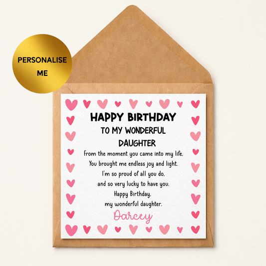 Personalised Daughter Birthday Card, Happy Birthday Daughter Card, Special Daughter Poem Card, Custom Name Birthday Card for Daughter, Cute Heart Design