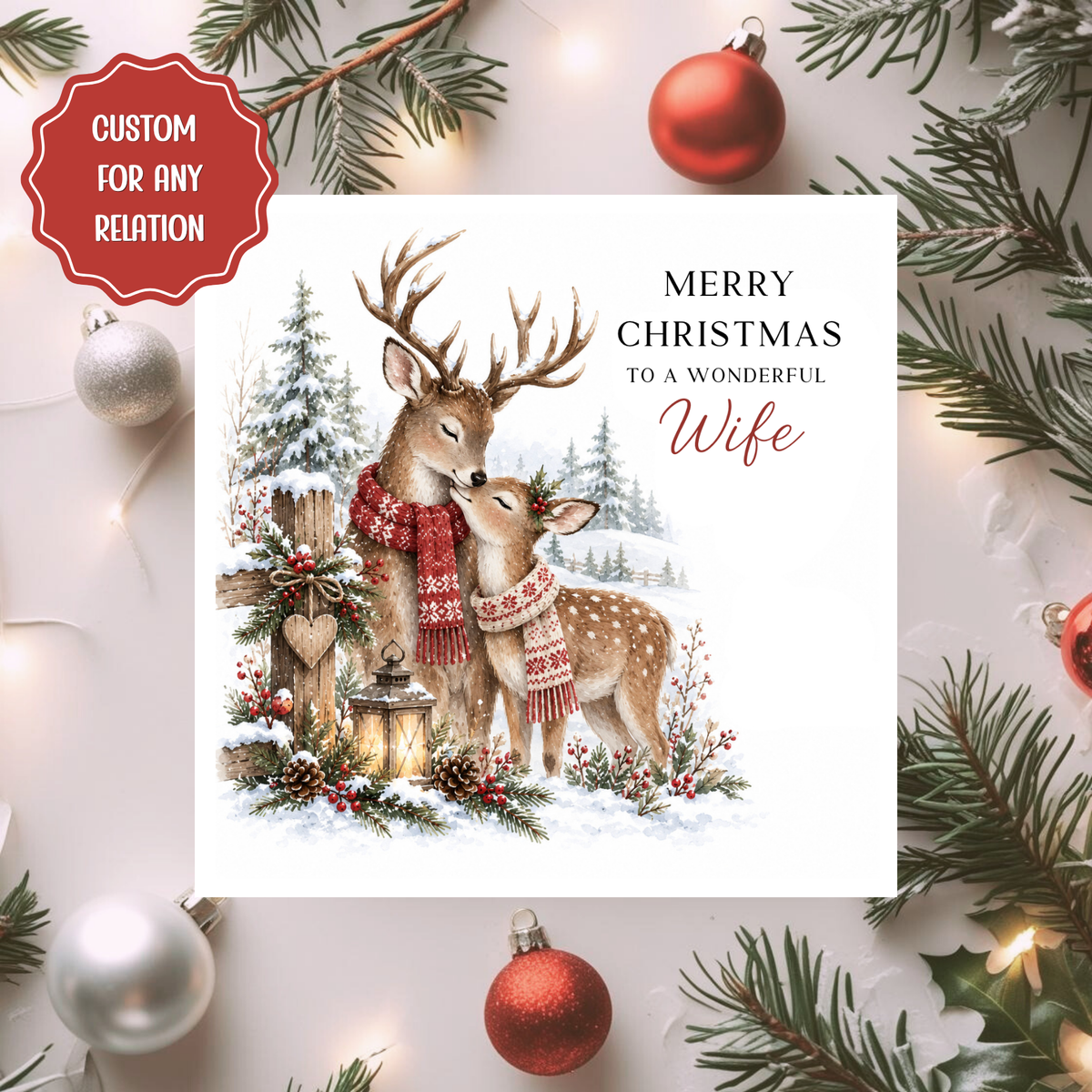 Personalised Christmas Card for Any Relation, Deer Couple Xmas Card, Wife Husband Partner Festive Woodland Card