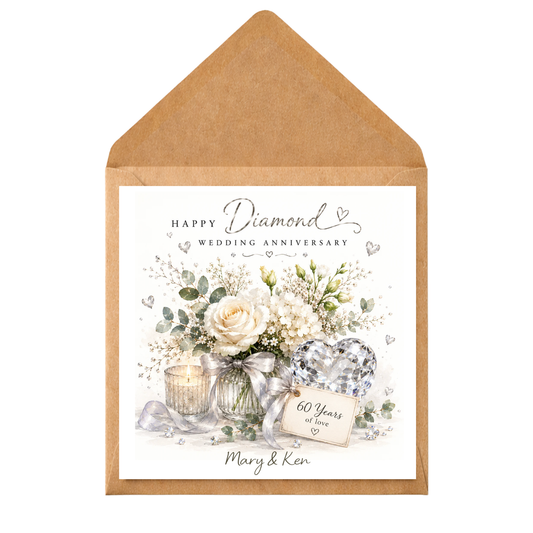 Diamond Wedding Anniversary Card Personalised | 60th Anniversary Card for Couple | Elegant Floral Anniversary Card | Custom Names & Years