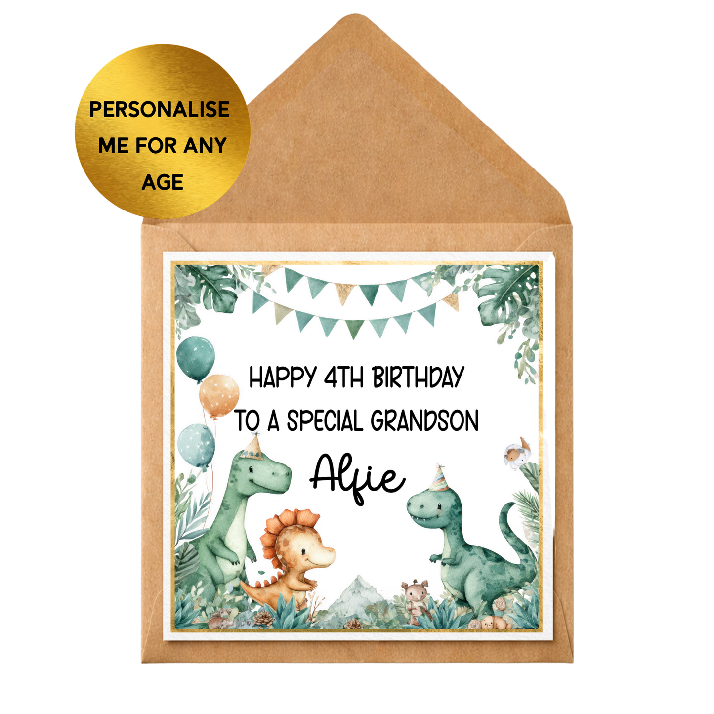 Personalised Dinosaur Birthday Card for Grandson | Any Age Dino Birthday Card | Custom Name Kids Birthday Card | Jungle Safari Birthday Card