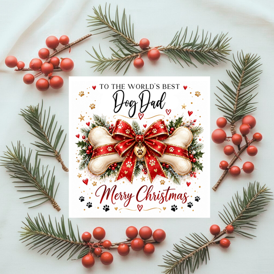 Personalised Dog Dad Christmas Card – World's Best Dog Dad – Cute Bone & Bow Design