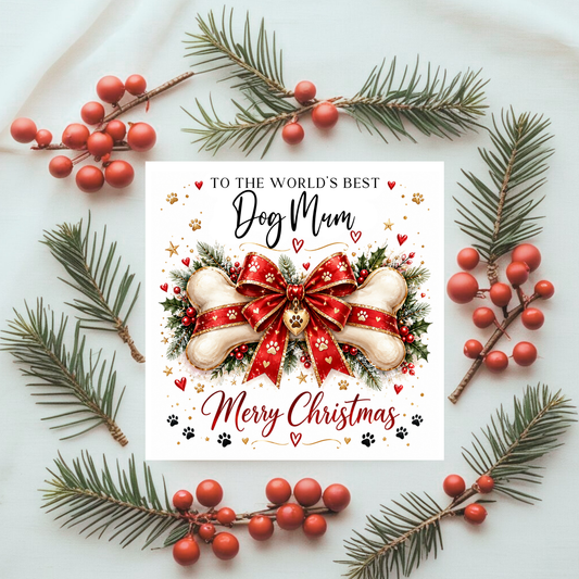 Personalised Dog Mum Christmas Card – Cute Bone & Bow Design