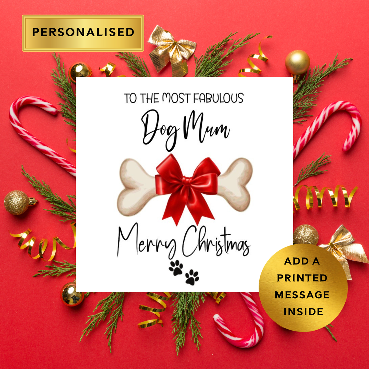 Personalised Dog Mum Christmas Card – Cute Bone & Bow Design