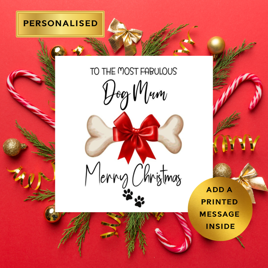 Personalised Dog Mum Christmas Card – Cute Bone & Bow Design