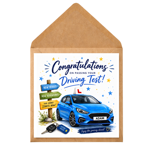 Personalised Driving Test Congratulations Card | New Driver Card | Passed Driving Test Gift | Learner Driver Congrats Card | Blue Car Card