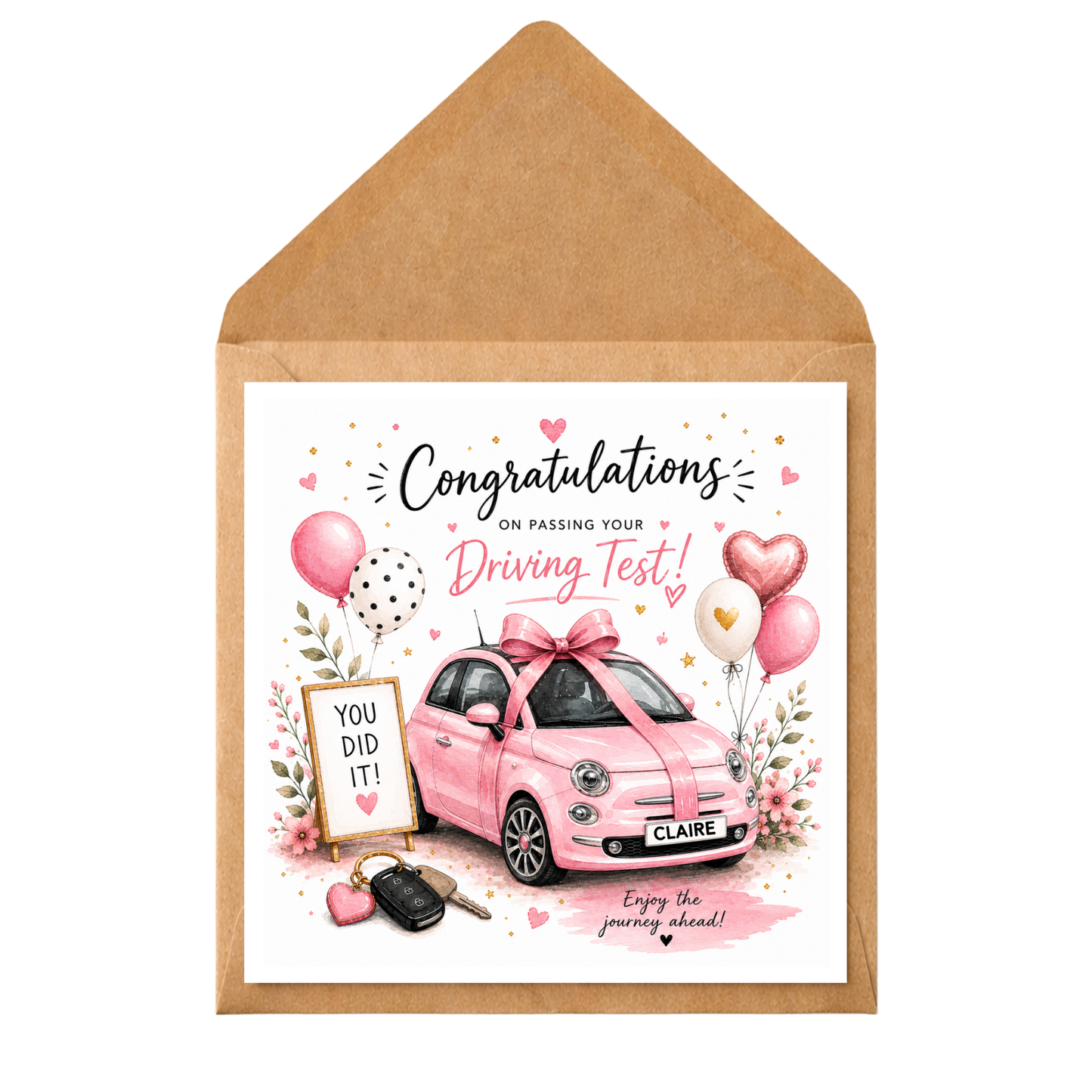 Personalised Driving Test Card | Passed Driving Test Card | New Driver Congratulations Gift | Pink Car Card
