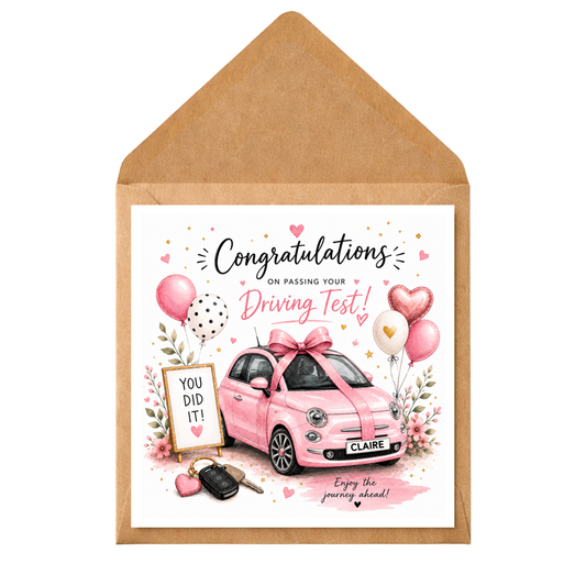 Personalised Driving Test Card | Passed Driving Test Card | New Driver Congratulations Gift | Pink Car Card