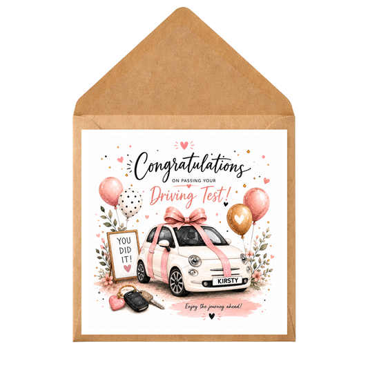 Personalised Driving Test Card | Passed Driving Test Card | New Driver Congratulations Gift | Pink Car Card