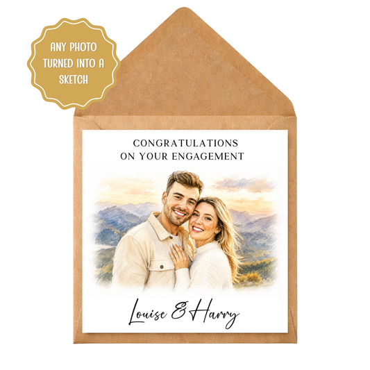 Personalised Engagement Card with Photo | Custom Sketch Engagement Card | Congratulations on Your Engagement | Fiancé Fiancée Card