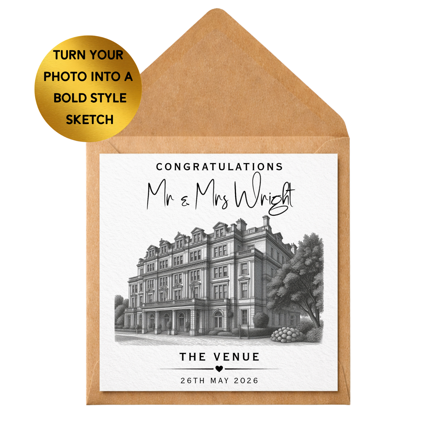 Custom Wedding Venue Sketch Print | Personalised Congratulations Card Illustration