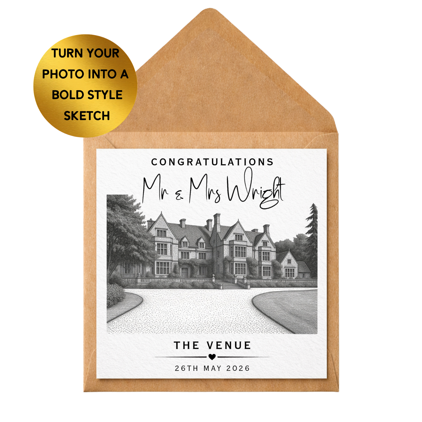 Custom Wedding Venue Sketch Print | Personalised Congratulations Card Illustration