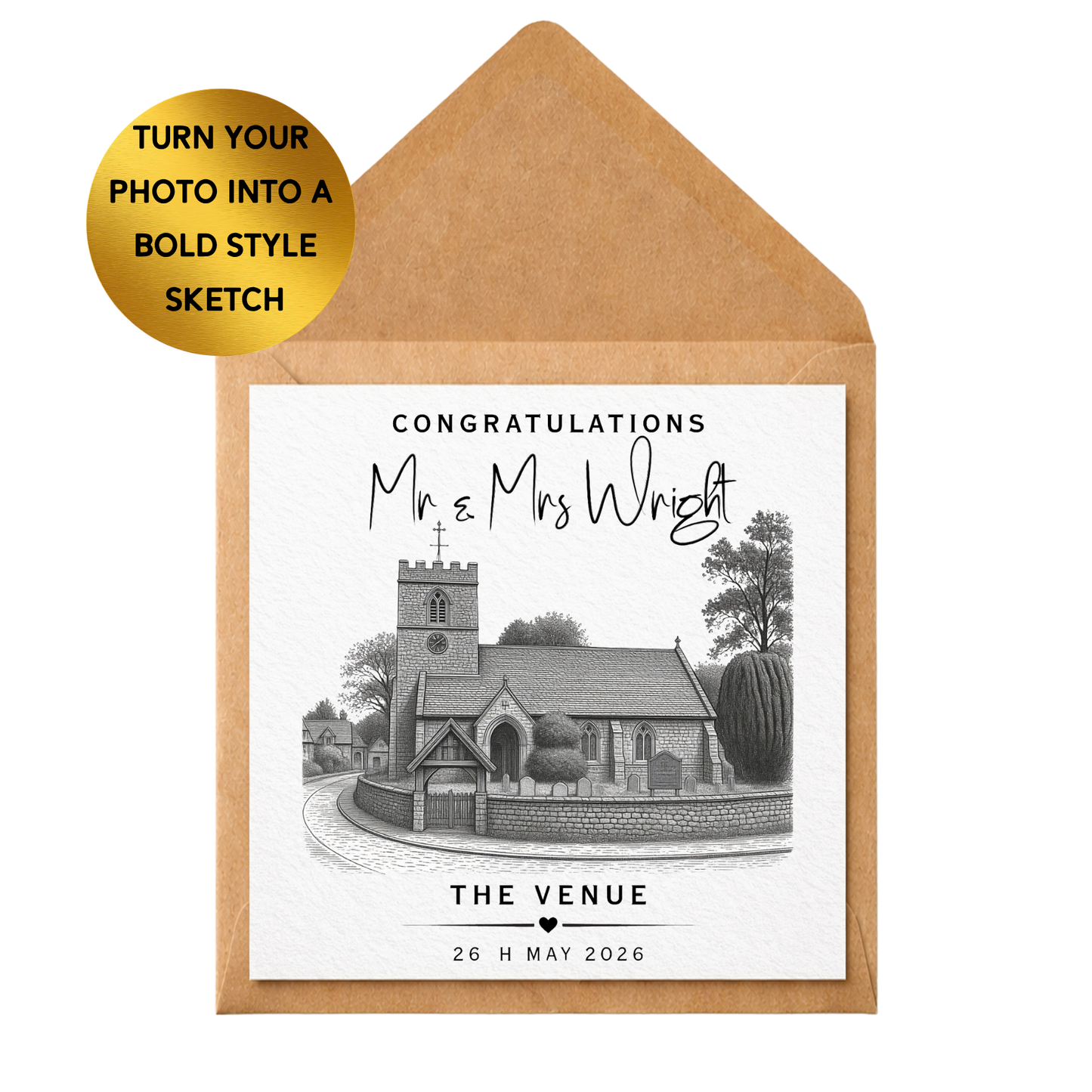 Custom Wedding Venue Sketch Print | Personalised Congratulations Card Illustration