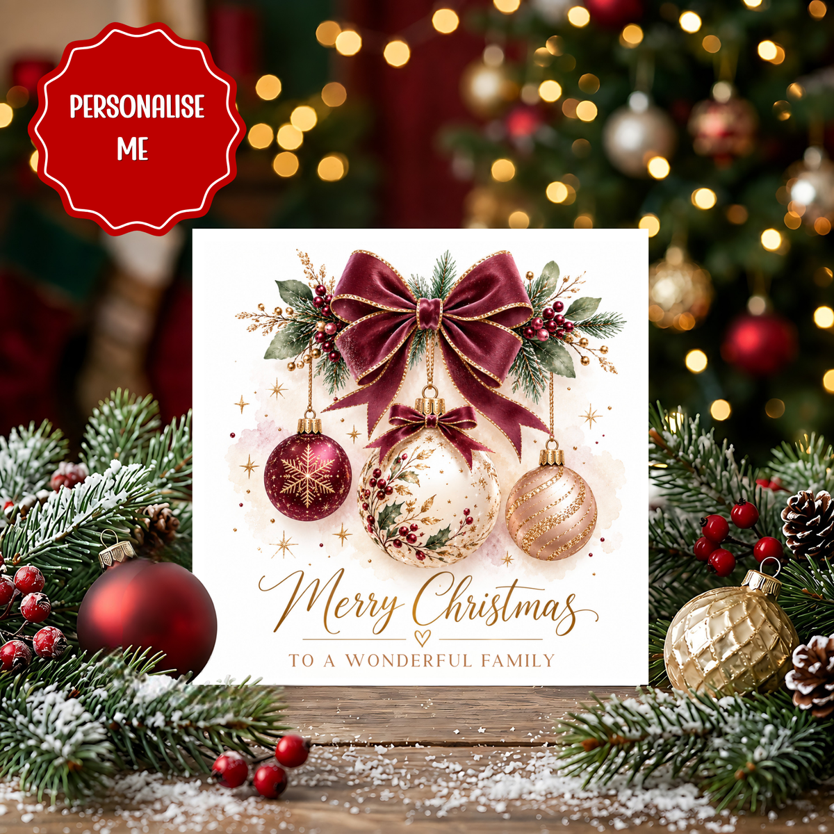 Personalised Family Christmas Card, Luxury Bauble Christmas Card, Merry Christmas Wonderful Family, Custom Family Xmas Card