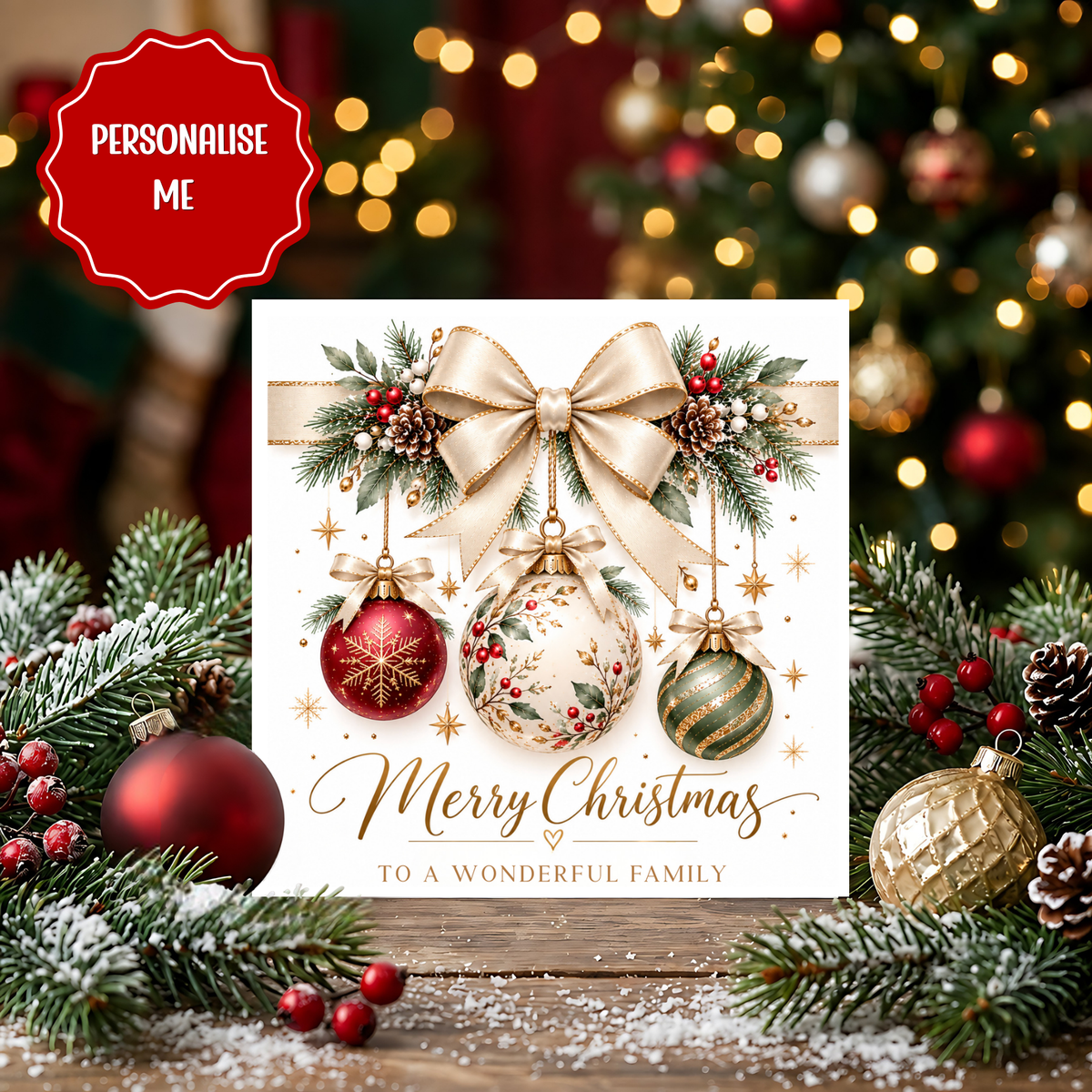 Personalised Family Christmas Card, Luxury Bauble Christmas Card, Merry Christmas Wonderful Family, Custom Family Xmas Card