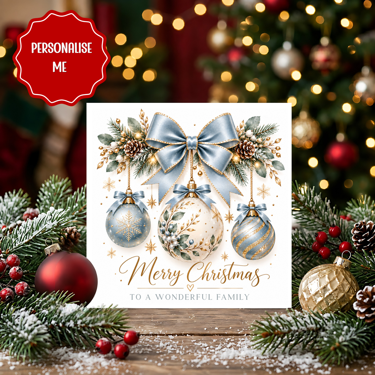 Personalised Family Christmas Card, Luxury Bauble Christmas Card, Merry Christmas Wonderful Family, Custom Family Xmas Card