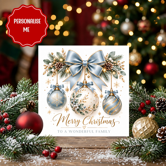 Personalised Family Christmas Card, Luxury Bauble Christmas Card, Merry Christmas Wonderful Family, Custom Family Xmas Card