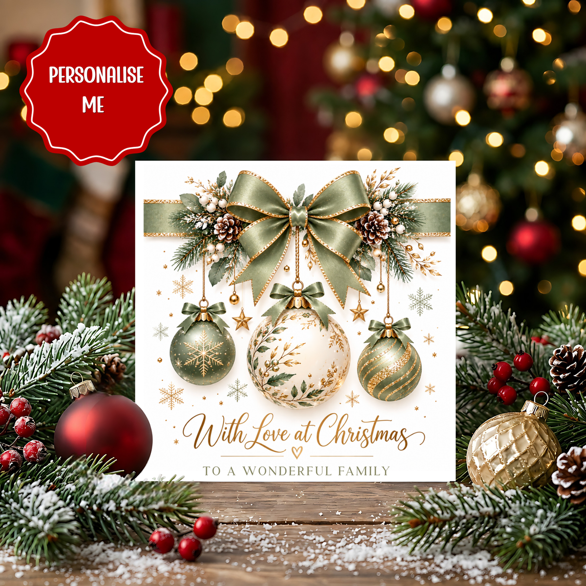 Personalised Family Christmas Card, Luxury Bauble Christmas Card, Merry Christmas Wonderful Family, Custom Family Xmas Card