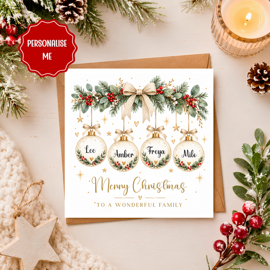 Personalised Family Christmas Card, Custom Name Baubles Xmas Card, Christmas Card for Grandparents, Mum Dad, Family, Bauble Christmas Card