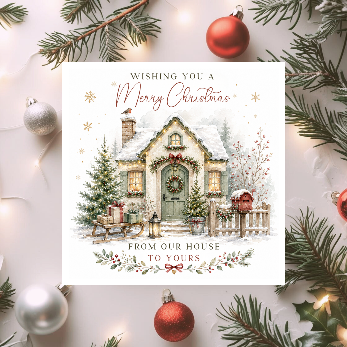 From Our House to Yours Christmas Card, Family Christmas Card, Merry Christmas Card, Watercolour Christmas House Card