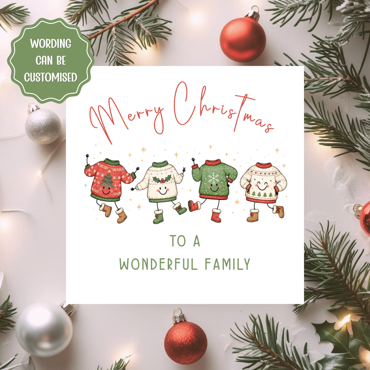 Personalised Family Christmas Card, Cute Christmas Jumper Card, Custom Wording Xmas Card for a Wonderful Family
