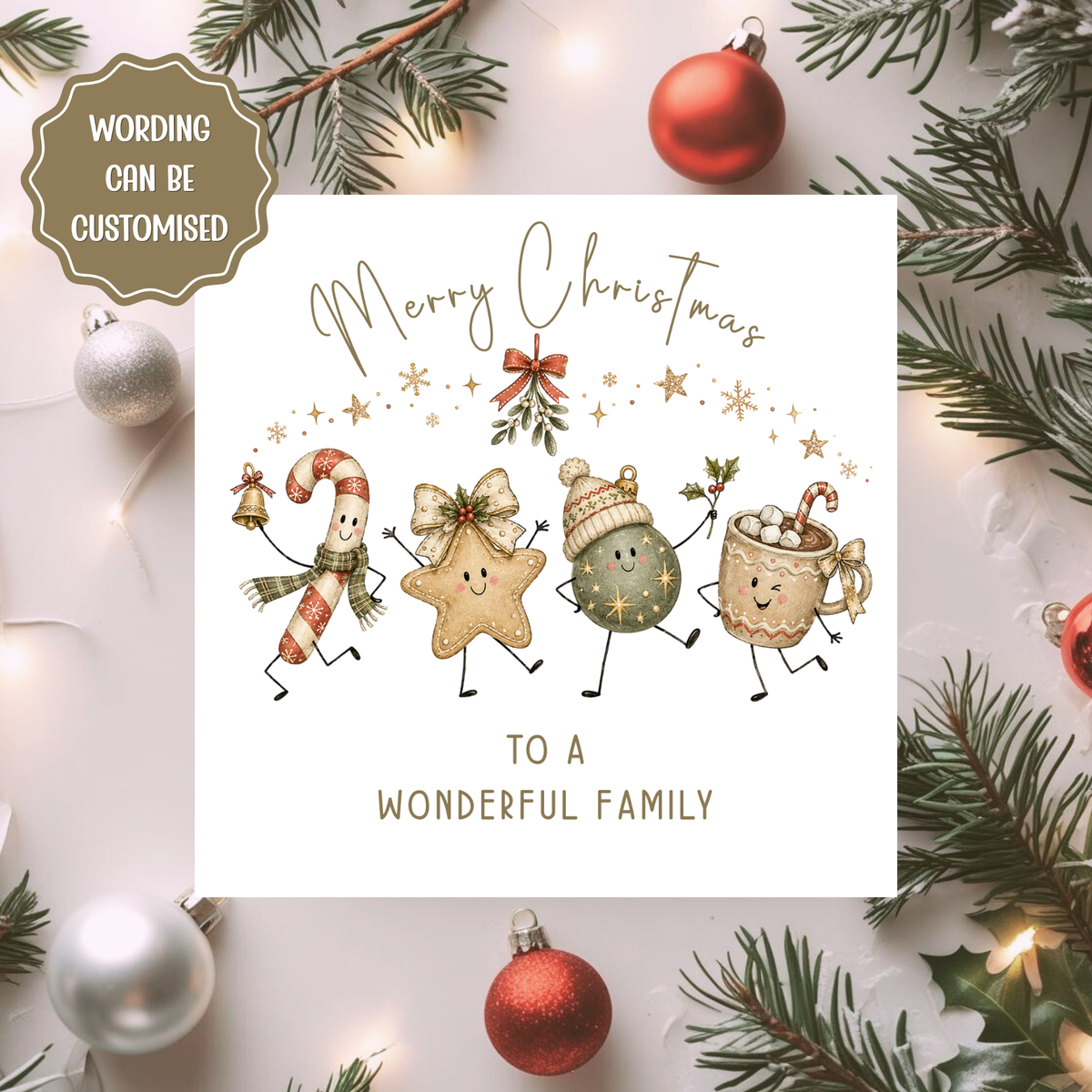 Personalised Family Christmas Card, Neutral Gold Xmas Card, Cute Candy Cane Star Bauble and Hot Chocolate Card