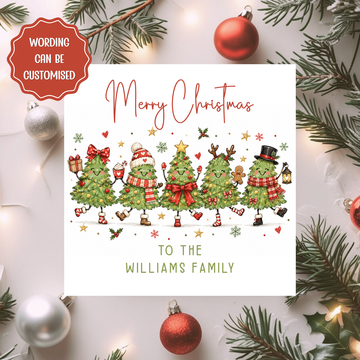 Personalised Family Christmas Card, Custom Surname Xmas Card, Cute Dancing Christmas Tree Card for a Special Family