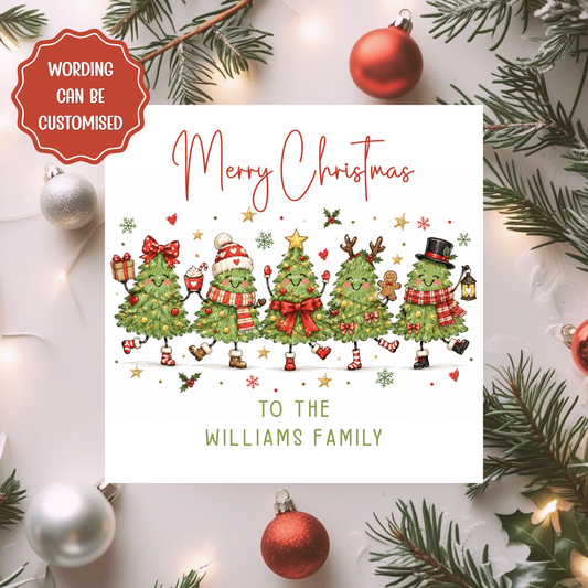 Personalised Family Christmas Card, Custom Surname Xmas Card, Cute Dancing Christmas Tree Card for a Special Family