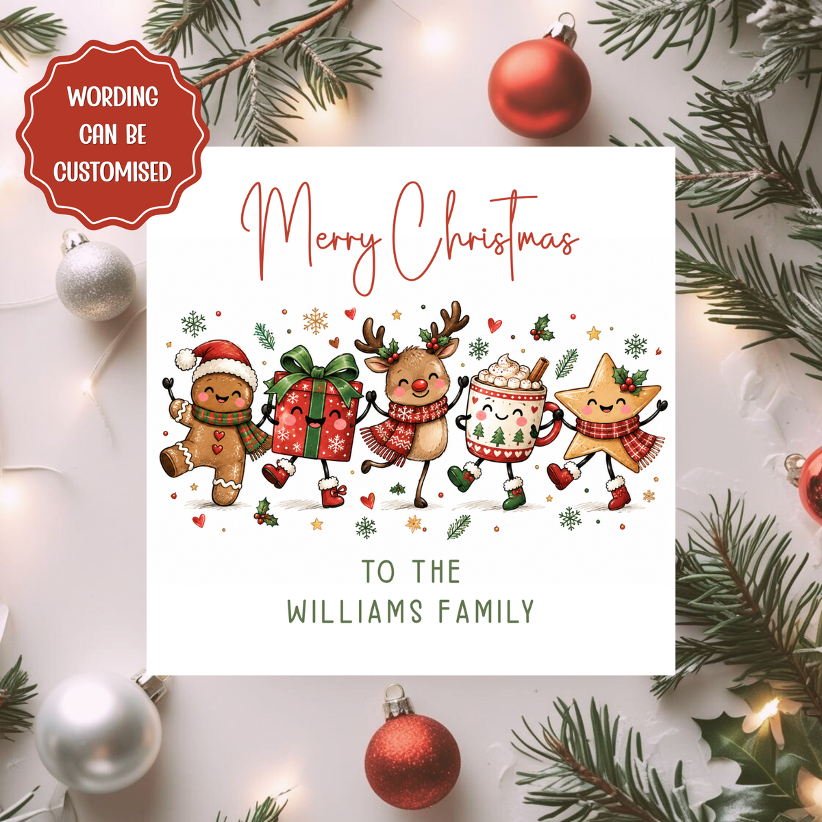 Personalised Family Christmas Card, Custom Surname Xmas Card, Cute Gingerbread and Reindeer Festive Character Card