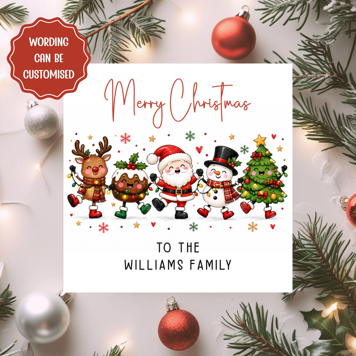 Personalised Family Christmas Card, Custom Surname Xmas Card, Cute Santa Reindeer and Snowman Festive Character Card