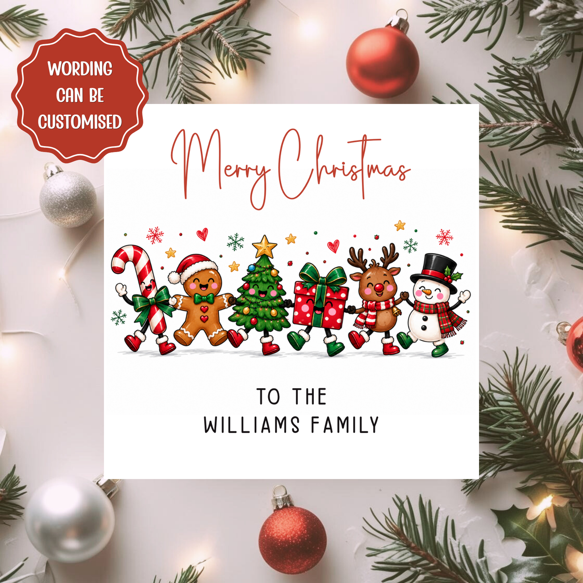 Personalised Family Christmas Card, Custom Surname Xmas Card, Cute Candy Cane Gingerbread Reindeer and Snowman Card