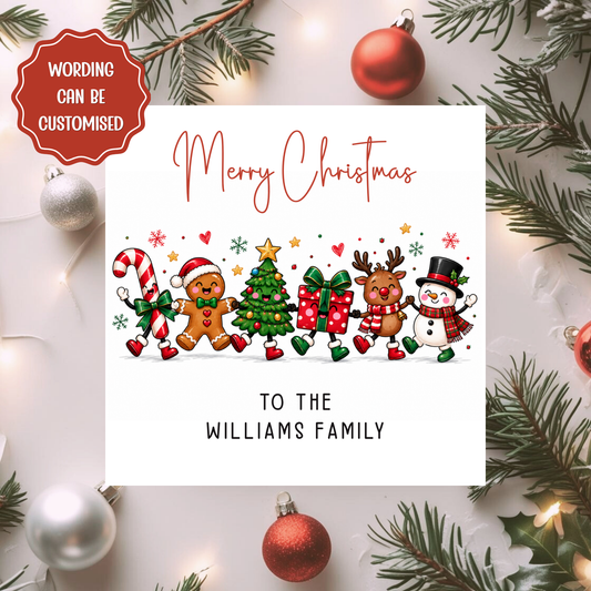 Personalised Family Christmas Card, Custom Surname Xmas Card, Cute Candy Cane Gingerbread Reindeer and Snowman Card