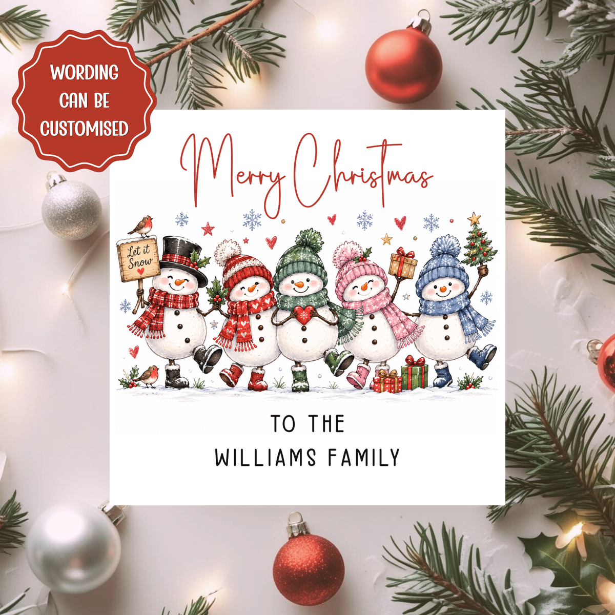 Personalised Snowman Family Christmas Card, Custom Surname Xmas Card, Cute Snowmen Card for Family, Let It Snow Card
