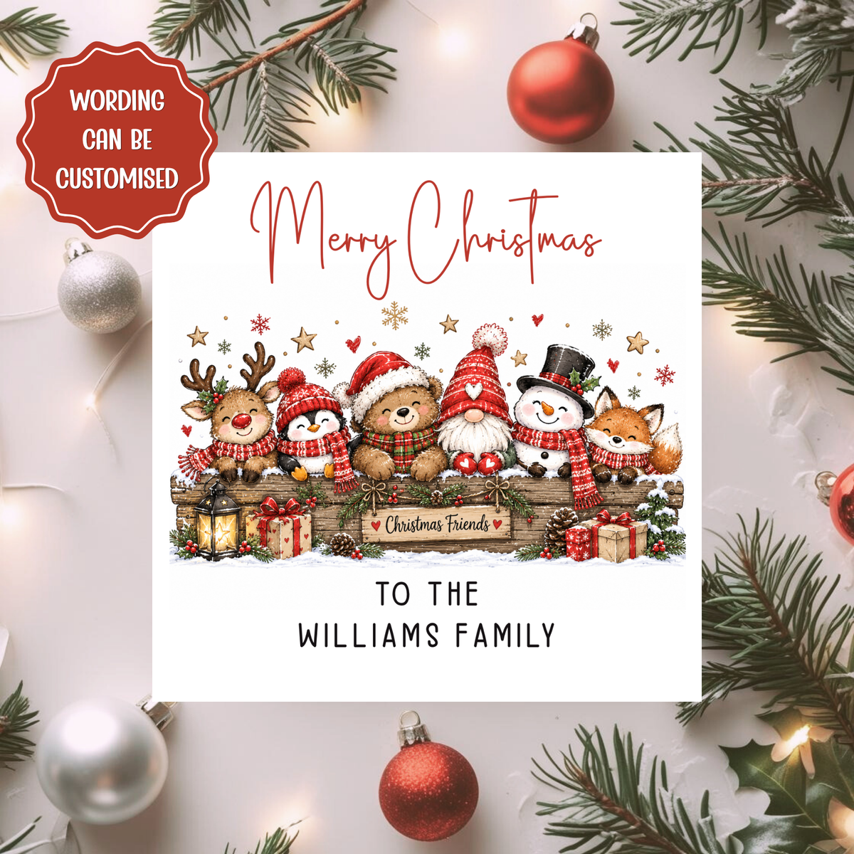 Personalised Family Christmas Card, Custom Surname Xmas Card, Cute Woodland Animals Gnome and Snowman Card for Family