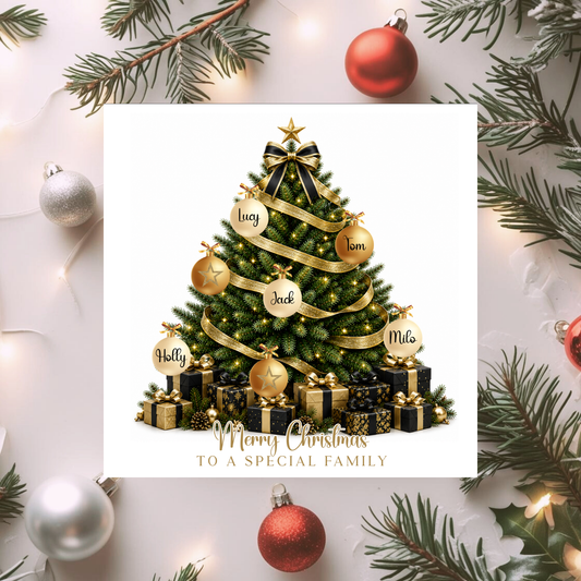 Personalised Family Christmas Card, Custom Christmas Tree Card, Family Names Xmas Card, Black & Gold Christmas Card, Special Family