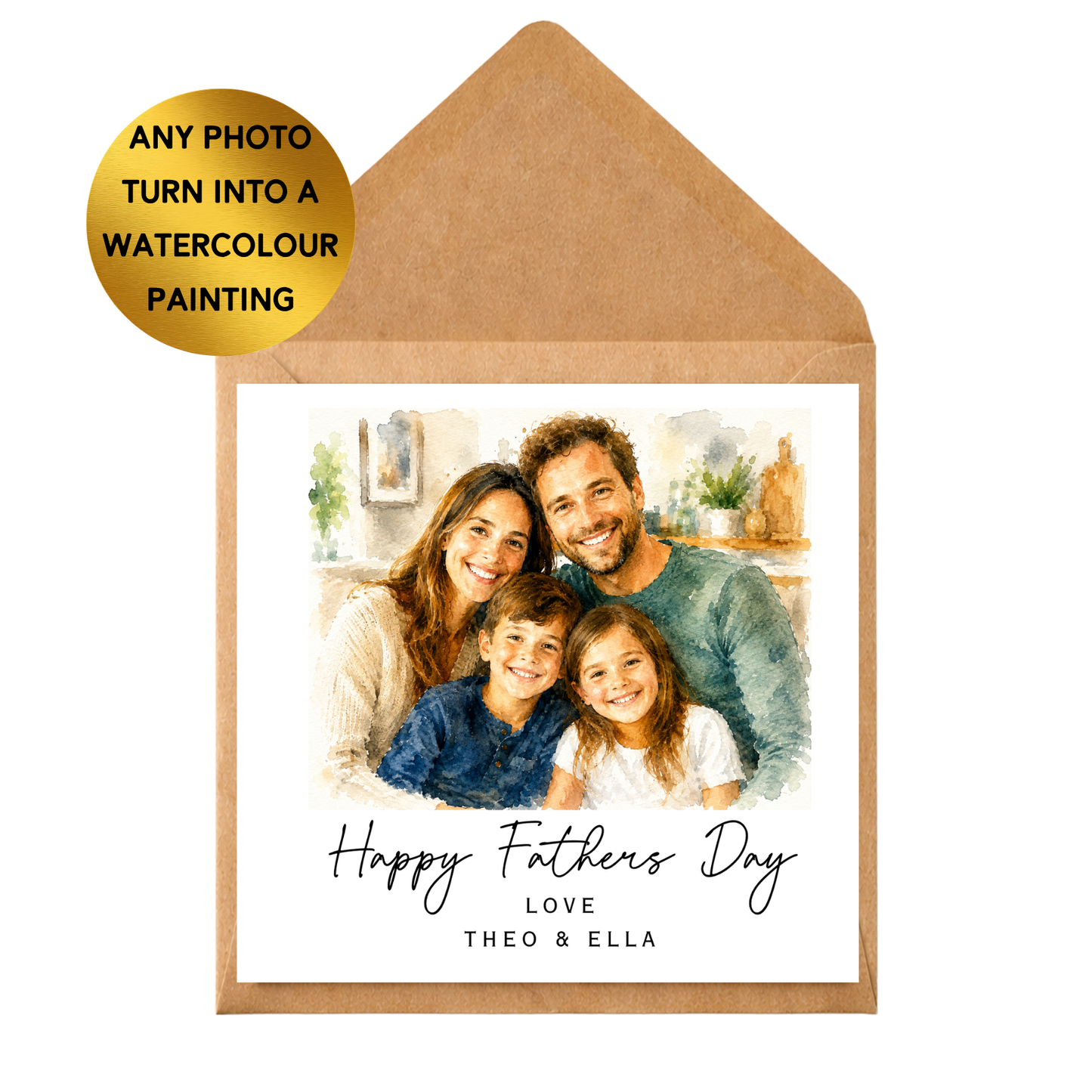 Personalised Father’s Day Card from Photo | Custom Watercolour Portrait Card | Dad Gift from Children | Unique Daddy Keepsake Card