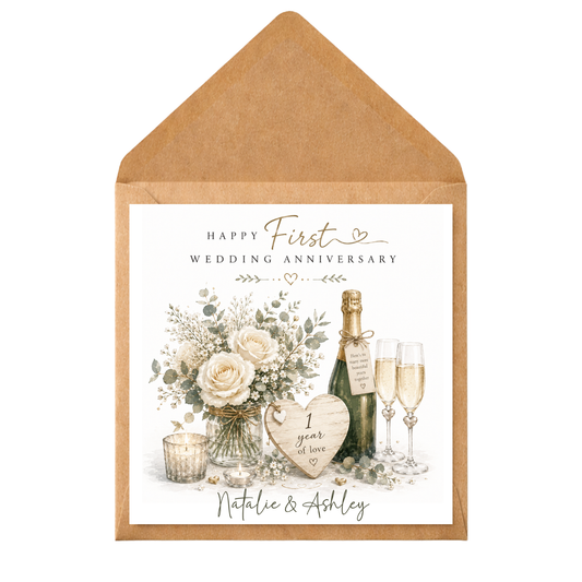 Personalised First Wedding Anniversary Card | 1st Anniversary Card for Couple | Champagne & Flowers Anniversary Card | One Year of Love Card