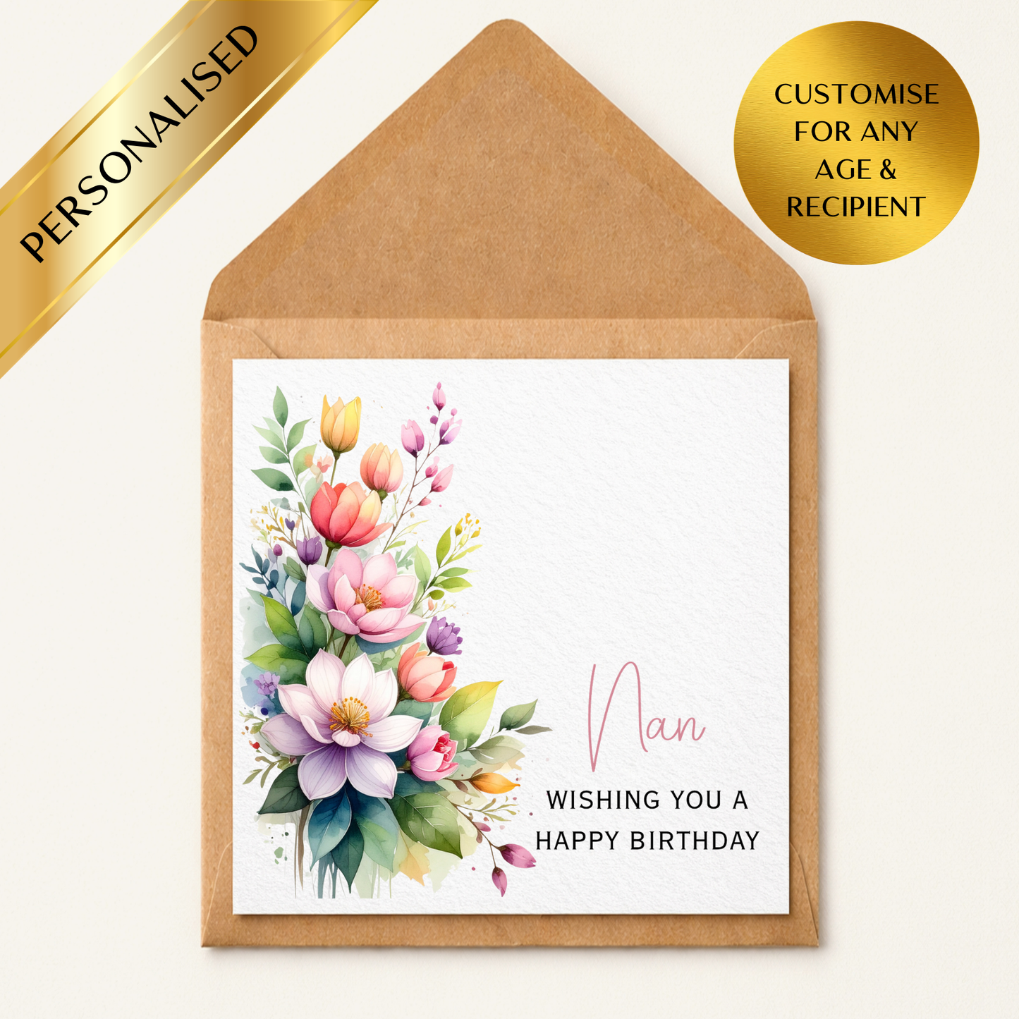 Personalised Floral Birthday Card | Custom Name Birthday Card | Mum Nan Friend Birthday Card | Elegant Flower Birthday Card | Any Age & Recipient