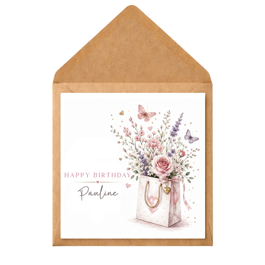 Personalised Floral Birthday Card | Elegant Flower Birthday Card | Custom Birthday Card for Her | Pink Floral Card | Any Name