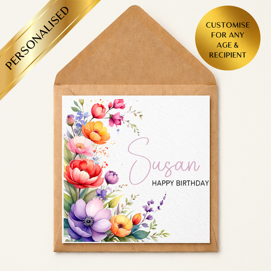 Personalised Floral Birthday Card – Custom Name Birthday Card for Her – Elegant Flower Birthday Card – Any Age & Recipient – Mum Nan Sister Friend
