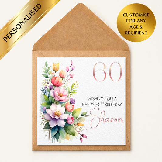 Personalised 50th 60th 70th 80th 90th Birthday Card | Floral Milestone Birthday Card | Custom Name & Age | Elegant Mum Nan Grandma Card